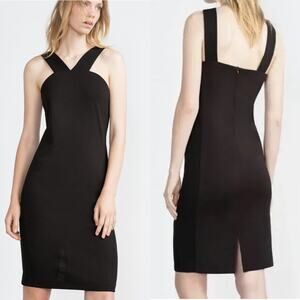 Zara W&B Crepe Sheath Dress Cross Over V Neck Knee Mini LBD Wide Straps Black L